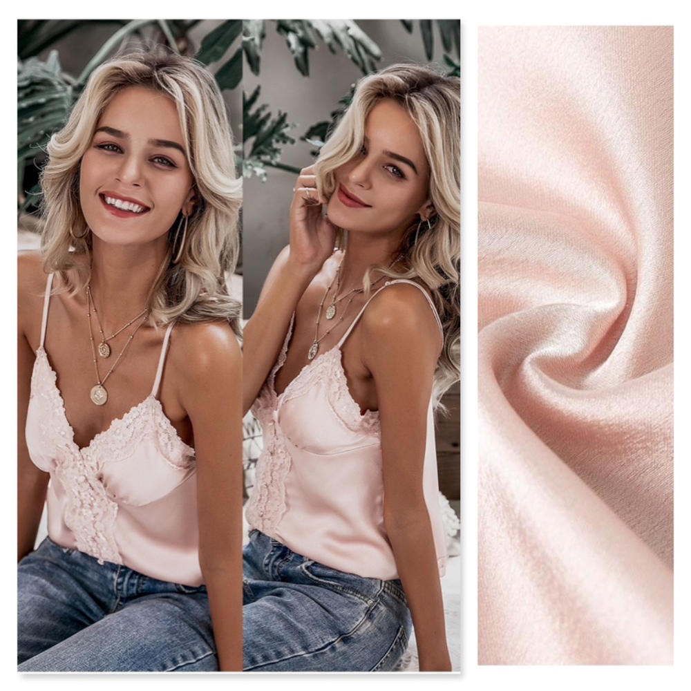 Lace Detail Satin Pink Button Up Cami Top - Picture 4 of 8